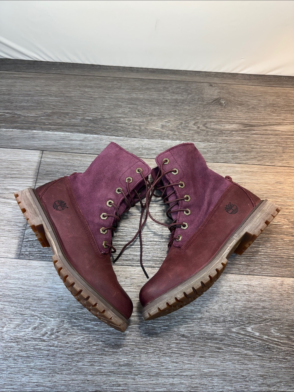 Timberland Women's Lace-Up Burgundy Leather & Suede Combat Boots Sz 6.5 (h206)